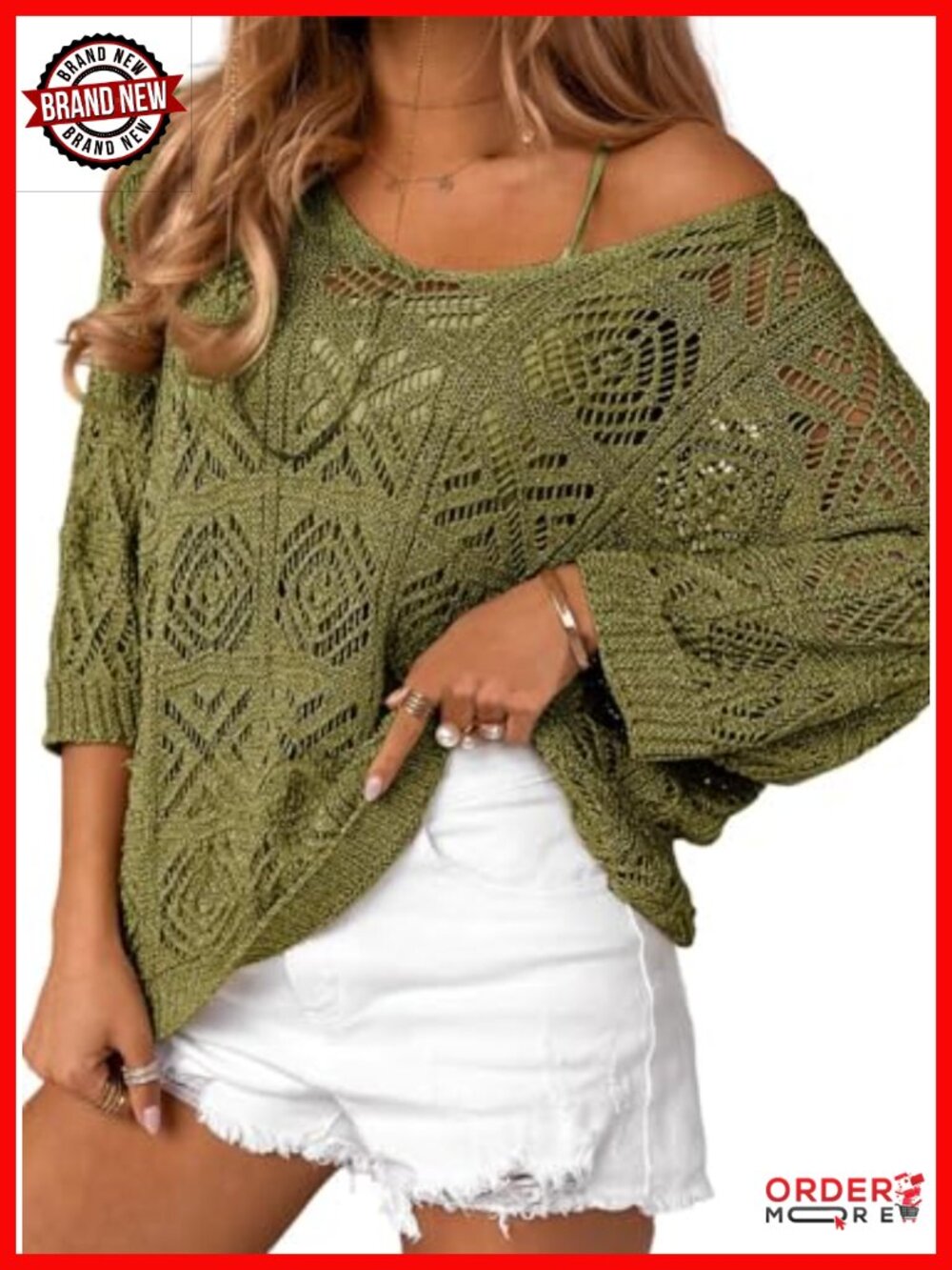 Crochet Hollow Out 3/4 Sleeve Pullover Sweater Off Shoulder Top